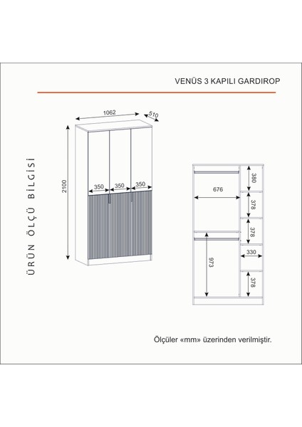 Venüs 3 Kapaklı Bazalı Gardırop Tamamı Mdf fırsatları
