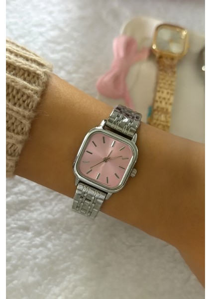 Minimal Kare Gümüş-Pembe Kadın Kol Saati