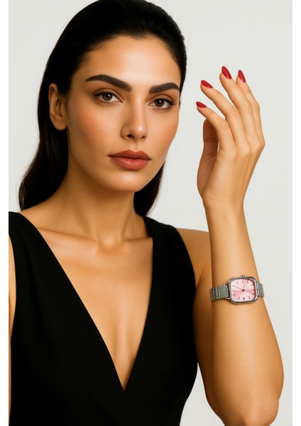 Minimal Kare Gümüş-Pembe Kadın Kol Saati fiyatları