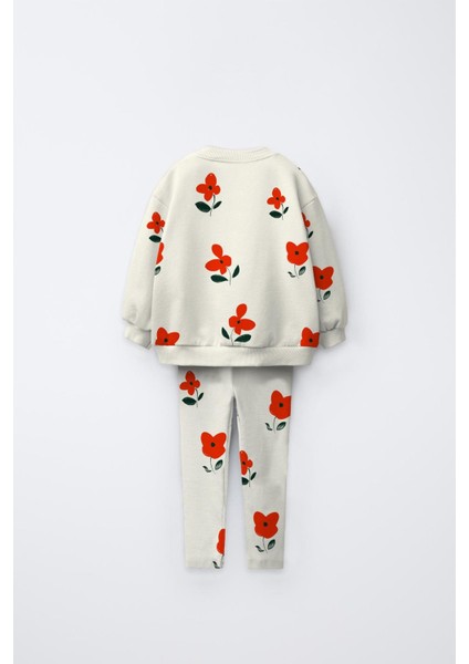 Kız Çocuk Pamuklu Ekru Kırmızı Çiçek Desenli Sweatshirt ve Tayt Takım - Günlük Konforlu Stil fiyatları