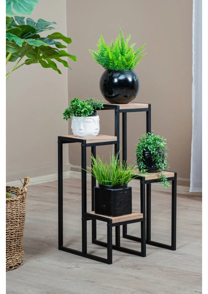 4 Katlı Metal Gövdeli Ahşap Raflı Saksılık | Modern Bitki ve Çiçek Standı