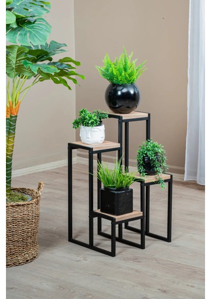 4 Katlı Metal Gövdeli Ahşap Raflı Saksılık | Modern Bitki ve Çiçek Standı fiyatları