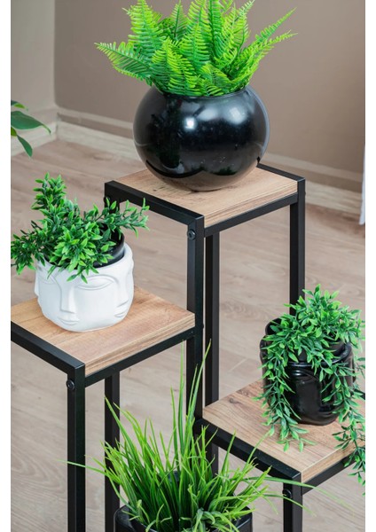4 Katlı Metal Gövdeli Ahşap Raflı Saksılık | Modern Bitki ve Çiçek Standı fırsatları