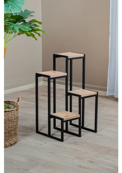 4 Katlı Metal Gövdeli Ahşap Raflı Saksılık | Modern Bitki ve Çiçek Standı