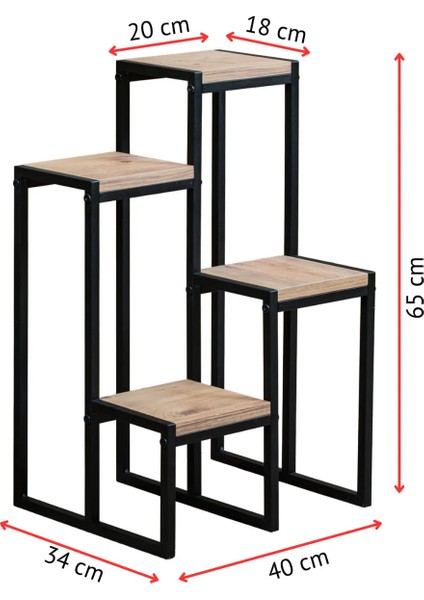 4 Katlı Metal Gövdeli Ahşap Raflı Saksılık | Modern Bitki ve Çiçek Standı