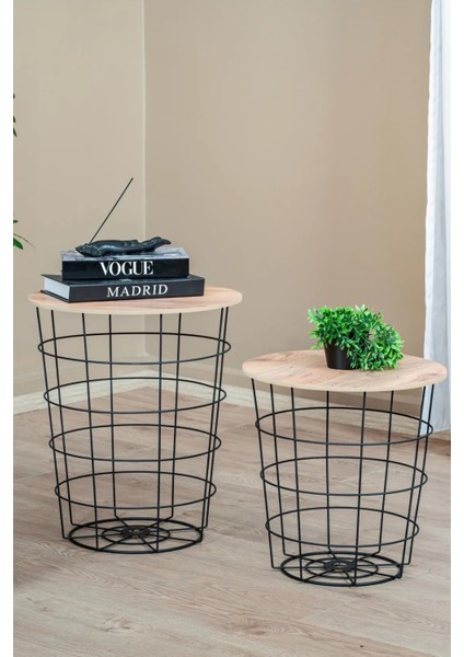 Metal Tel Gövdeli Ahşap Üst Tablalı Orta Sehpa | Modern Dekoratif Yan ve Orta Sehpa