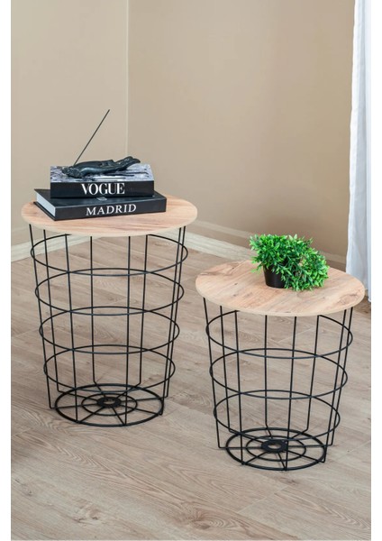 Metal Tel Gövdeli Ahşap Üst Tablalı Orta Sehpa | Modern Dekoratif Yan ve Orta Sehpa fiyatları