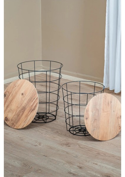 Metal Tel Gövdeli Ahşap Üst Tablalı Orta Sehpa | Modern Dekoratif Yan ve Orta Sehpa modelleri