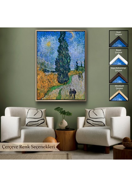 Çerçeveli Kanvas Tablo, Vincent Van Gogh - Selvili ve Yıldızlı Yol - Road With Cypress And STAR-7443