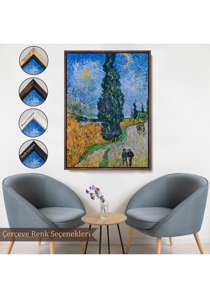 Çerçeveli Kanvas Tablo, Vincent Van Gogh - Selvili ve Yıldızlı Yol - Road With Cypress And STAR-7443