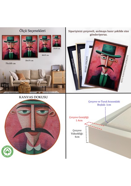 Çerçeveli Dekoratif Kanvas Tablo, Bıyıklı Ikonik Sürreal Adam TABLOSU-7732 indirimleri