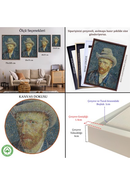 Çerçeveli Dekoratif Kanvas Tablo, Vincent Van Gogh - Hasır Şapkalı Otoportre TABLOSU-7481 indirimleri