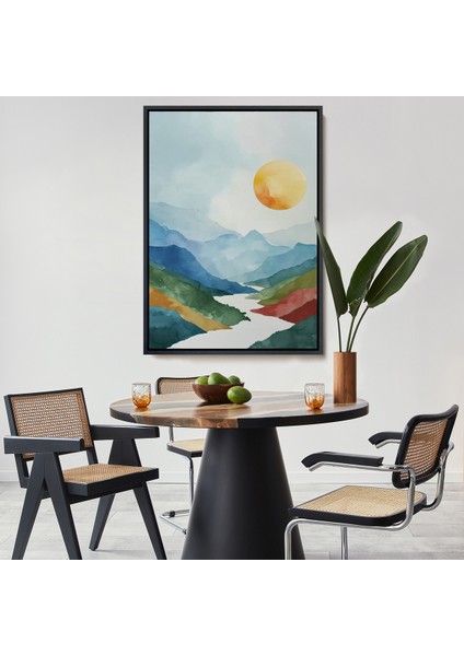 Çerçeveli Dekoratif Kanvas Tablo, Dağların Arasındaki Güneş Manzarası TABLO-7591