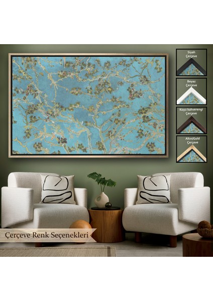 Çerçeveli Dekoratif Kanvas Tablo, Vincent Van Gogh - Çiçek Açan Badem Ağacı Mavi TABLOSU-7177