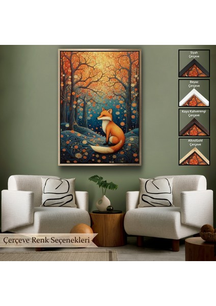 Çerçeveli Dekoratif Kanvas Tablo, Soyut Ormandaki Sarı Tilki TABLOSU-7527