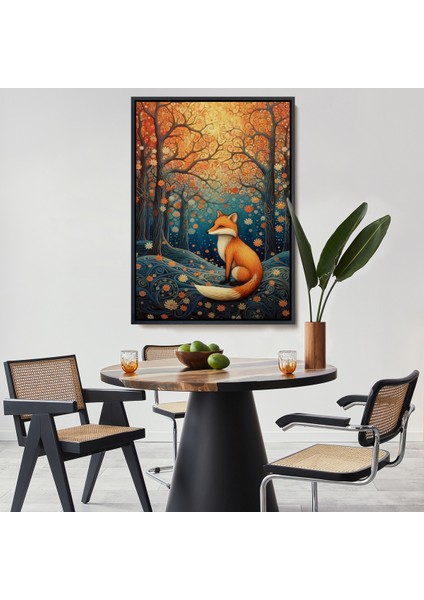 Çerçeveli Dekoratif Kanvas Tablo, Soyut Ormandaki Sarı Tilki TABLOSU-7527