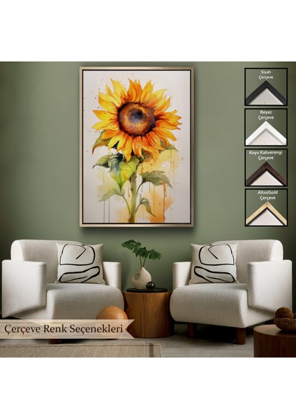 Çerçeveli Dekoratif Kanvas Tablo, Suluboya Görünümlü Ayçiçek TABLO-7618