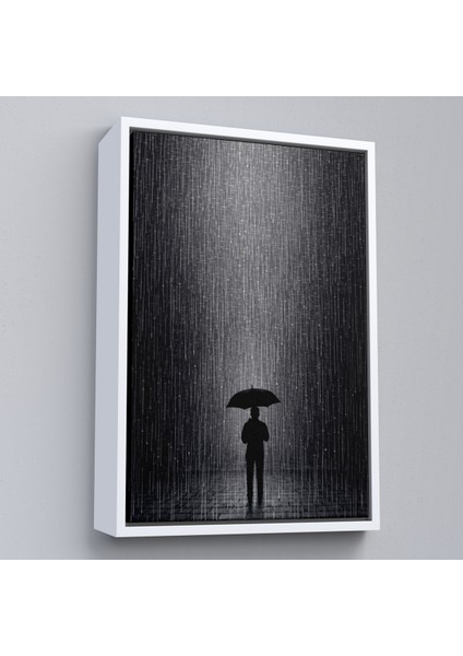 Çerçeveli Dekoratif Kanvas Tablo, Hiçliğin Ortasında Gece Yarısı Yağmur Altındaki Adam TABLO-7548