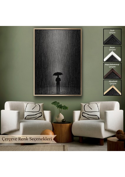 Çerçeveli Dekoratif Kanvas Tablo, Hiçliğin Ortasında Gece Yarısı Yağmur Altındaki Adam TABLO-7548