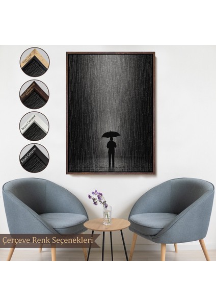 Çerçeveli Dekoratif Kanvas Tablo, Hiçliğin Ortasında Gece Yarısı Yağmur Altındaki Adam TABLO-7548