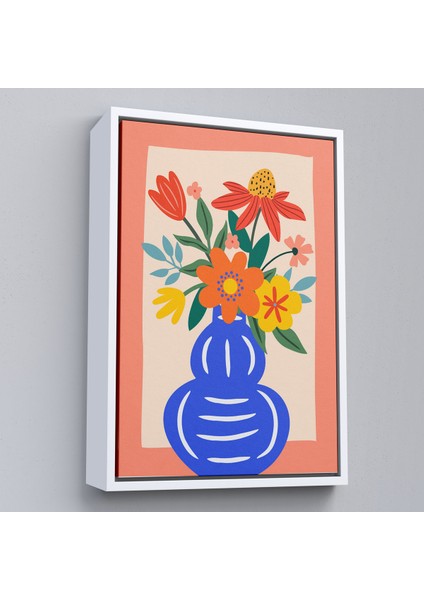 Çerçeveli Dekoratif Kanvas Tablo, Minimalist Çiçek Mavi Vazoda Renkli Buket TABLOSU-7666 fırsatları