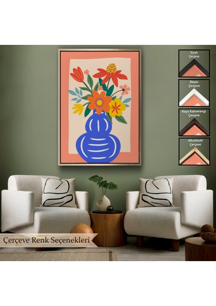 Çerçeveli Dekoratif Kanvas Tablo, Minimalist Çiçek Mavi Vazoda Renkli Buket TABLOSU-7666