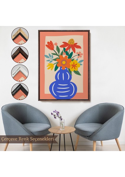 Çerçeveli Dekoratif Kanvas Tablo, Minimalist Çiçek Mavi Vazoda Renkli Buket TABLOSU-7666
