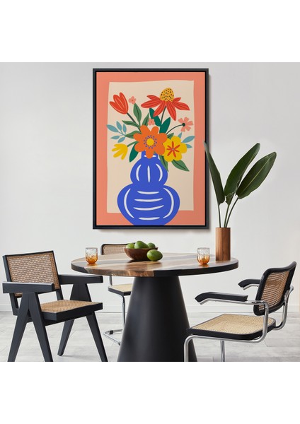 Çerçeveli Dekoratif Kanvas Tablo, Minimalist Çiçek Mavi Vazoda Renkli Buket TABLOSU-7666