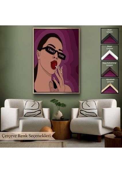 Çerçeveli Dekoratif Kanvas Tablo, I Don't Care - Umrumda Değil Yazan Pop Art Kadın TABLO-7681