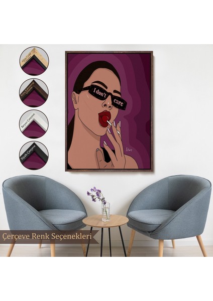 Çerçeveli Dekoratif Kanvas Tablo, I Don't Care - Umrumda Değil Yazan Pop Art Kadın TABLO-7681