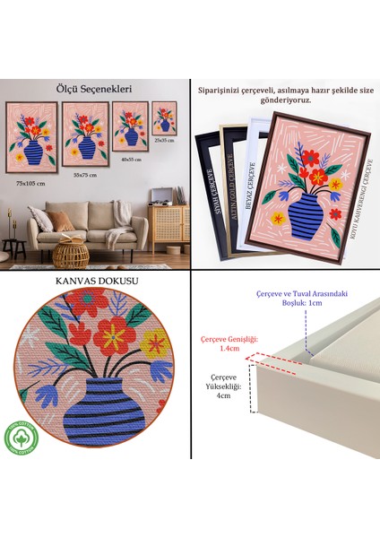 Çerçeveli Dekoratif Kanvas Tablo, Minimalist Çiçek Mavi Vazoda Renkli Buket TABLOSU-7662 indirimleri