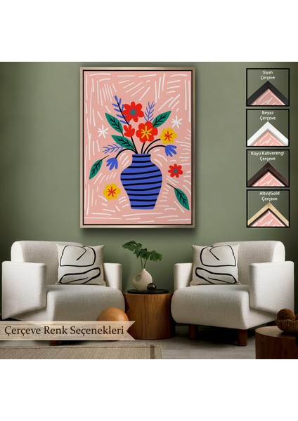 Çerçeveli Dekoratif Kanvas Tablo, Minimalist Çiçek Mavi Vazoda Renkli Buket TABLOSU-7662