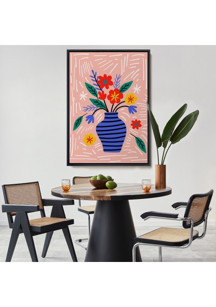 Çerçeveli Dekoratif Kanvas Tablo, Minimalist Çiçek Mavi Vazoda Renkli Buket TABLOSU-7662