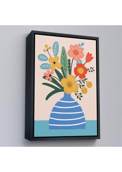 Çerçeveli Dekoratif Kanvas Tablo, Minimalist Çiçek Mavi Vazoda Renkli Buket TABLOSU-7664 modelleri