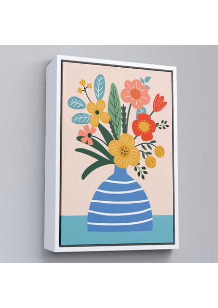 Çerçeveli Dekoratif Kanvas Tablo, Minimalist Çiçek Mavi Vazoda Renkli Buket TABLOSU-7664 fırsatları