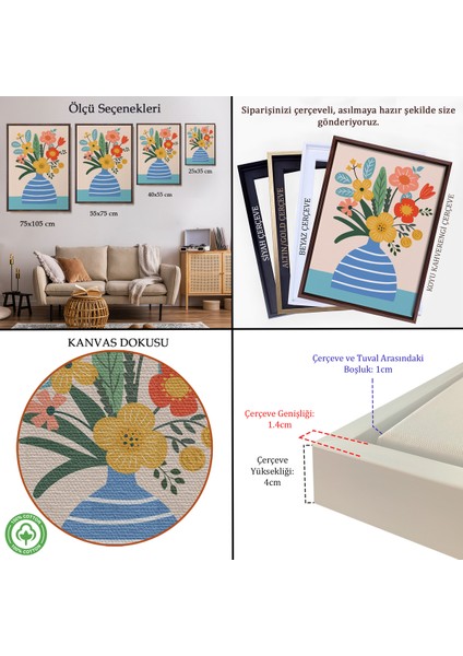 Çerçeveli Dekoratif Kanvas Tablo, Minimalist Çiçek Mavi Vazoda Renkli Buket TABLOSU-7664 indirimleri