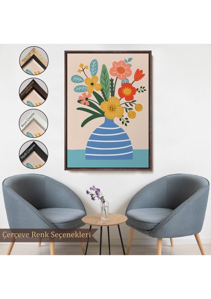 Çerçeveli Dekoratif Kanvas Tablo, Minimalist Çiçek Mavi Vazoda Renkli Buket TABLOSU-7664