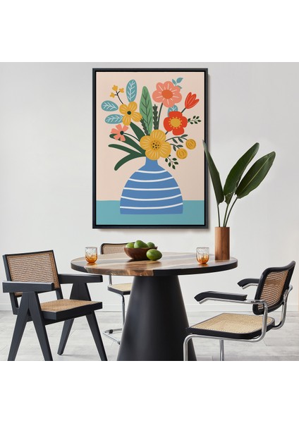 Çerçeveli Dekoratif Kanvas Tablo, Minimalist Çiçek Mavi Vazoda Renkli Buket TABLOSU-7664