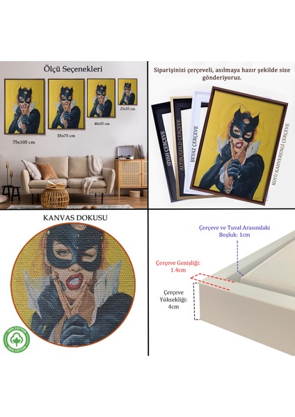 Çerçeveli Dekoratif Kanvas Tablo, Sapanlı Kedi Kadın TANLOSU-7708 indirimleri