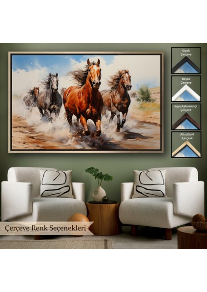 Çerçeveli Dekoratif Kanvas Tablo, Koşan Atlar TABLOSU-7279