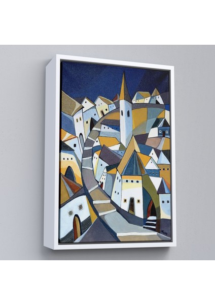 Çerçeveli Dekoratif Kanvas Tablo, Sıkışık Mavi Evler TABLOSU-7718