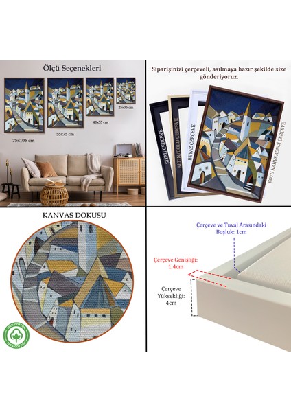 Çerçeveli Dekoratif Kanvas Tablo, Sıkışık Mavi Evler TABLOSU-7718 indirimleri