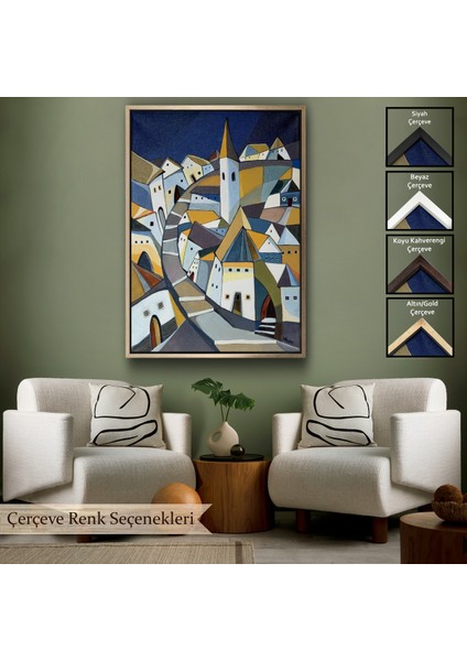 Çerçeveli Dekoratif Kanvas Tablo, Sıkışık Mavi Evler TABLOSU-7718