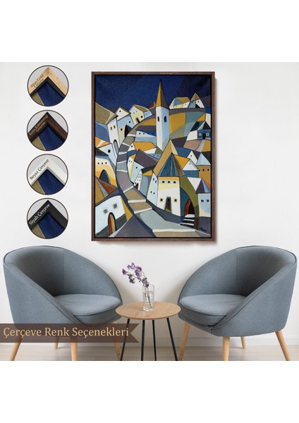 Çerçeveli Dekoratif Kanvas Tablo, Sıkışık Mavi Evler TABLOSU-7718