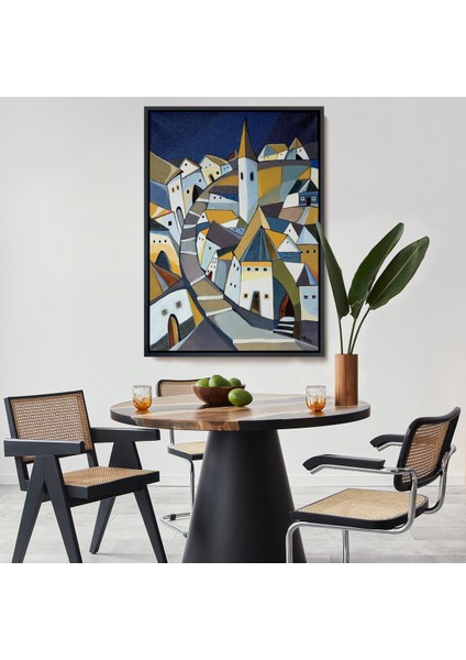 Çerçeveli Dekoratif Kanvas Tablo, Sıkışık Mavi Evler TABLOSU-7718