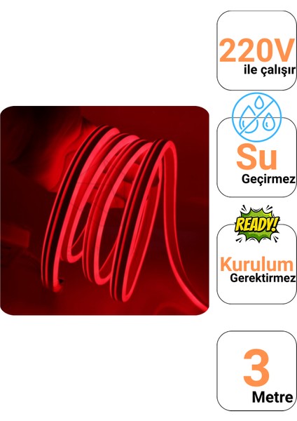 3 Metre 220 Volt Kırmızı Neon Led Tak Çalıştır 8x16mm Esnek Hortum Led Suya Dayanıklı Şerit Aydınlatma fiyatları