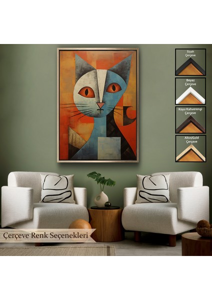 Çerçeveli Dekoratif Kanvas Tablo, Pablo Picasso Tarzı - Soyut Renkli Kedi TABLO-7373