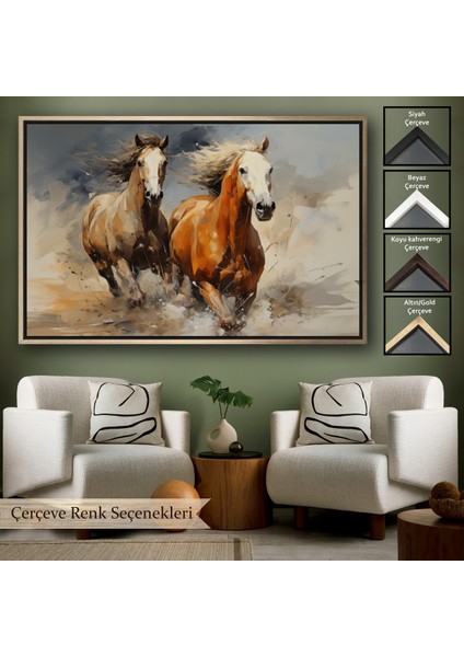 Çerçeveli Dekoratif Kanvas Tablo, Koşan Atlar TABLOSU-7276