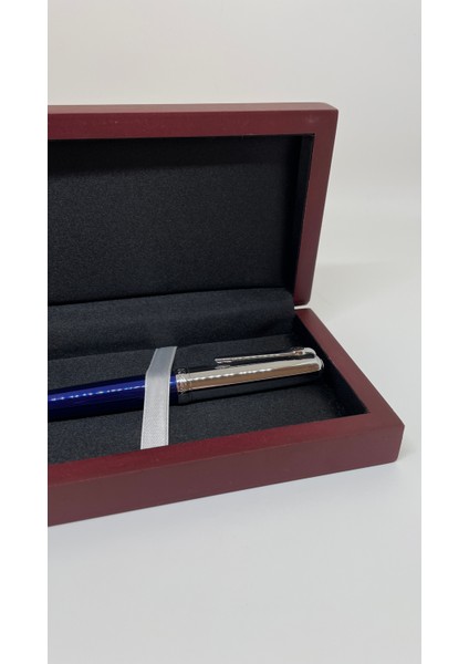 Mavi Gümüş Roller Kalem – Ahşap Sunum Kutulu