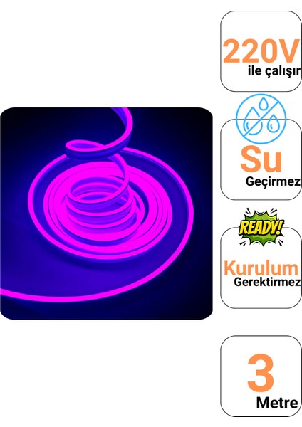 3 Metre 220 Volt Mor Neon Led Tak Çalıştır 8x16mm Esnek Hortum Led Suya Dayanıklı Şerit Aydınlatma fiyatları